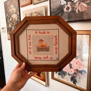 Vintage cottage core 1980s hen chicken cross stitch framed wall decor